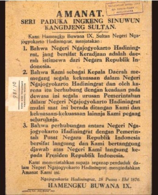 Amanat Sri Sultan Hamengkubuwono IX pada 5 September 1945. Dok: Arsip Perpustakaan Tamansiswa | Diambil dari swaragunungkiduldotcom UU Keistimewaan