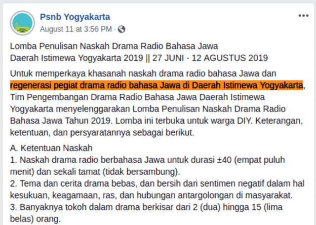 Lomba Penulisan Naskah Drama Radio Bahasa Jawa DI Yogyakarta