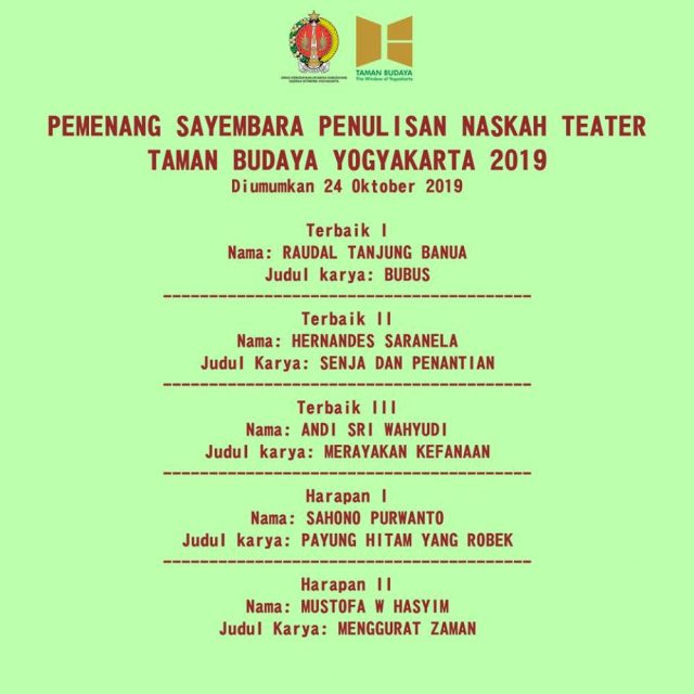 Nama-Nama Pemenang Sayembara Penulisan Naskah Teater Taman Budaya Yogyakarta