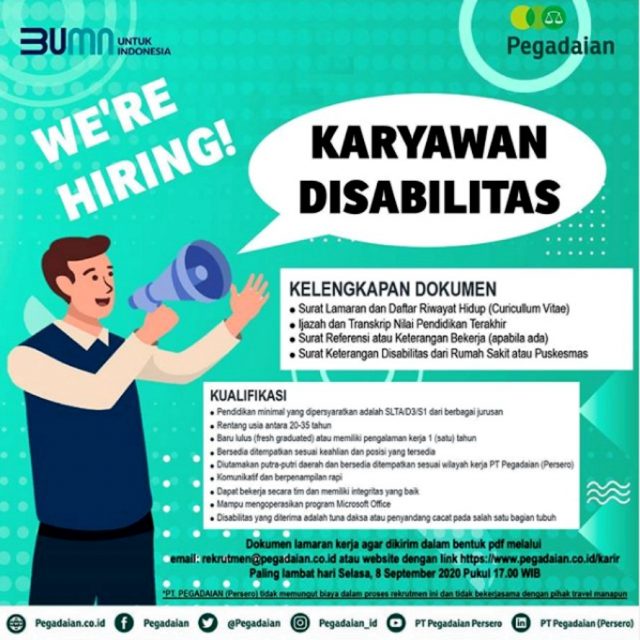 Lowongan Disabilitas di BUMN PT Pegadaian