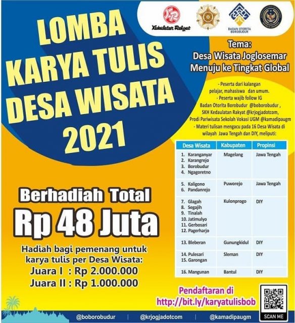 Lomba Karya Tulis Desa Wisata Joglosemar Menuju Tingkat Global Diselenggarakan Badan Otorita Borobudur yang Bekerjasama dengan Kedaulatan Rakyat dan Kamadipa UGM 