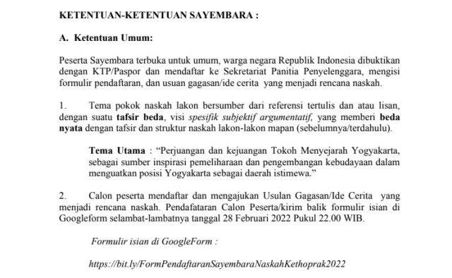 sayembara karya tulis naskah lakon kethoprak disbud diy 2022